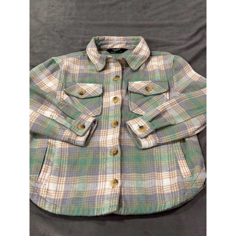 Member's Mark Kids Plaid Shacket Green Tan Blue Flannel Shirt Jacket Size M 7/8